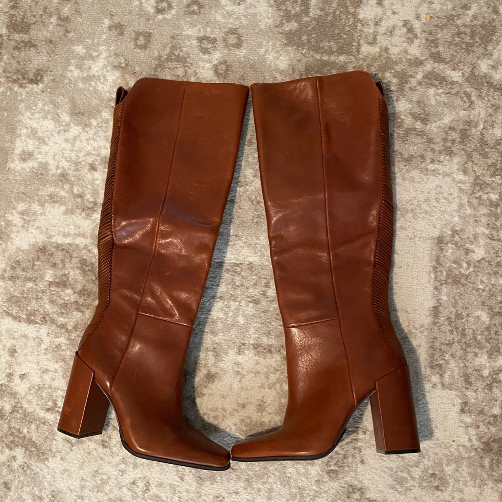 AD & DAUGHTERS cognac knee boots.